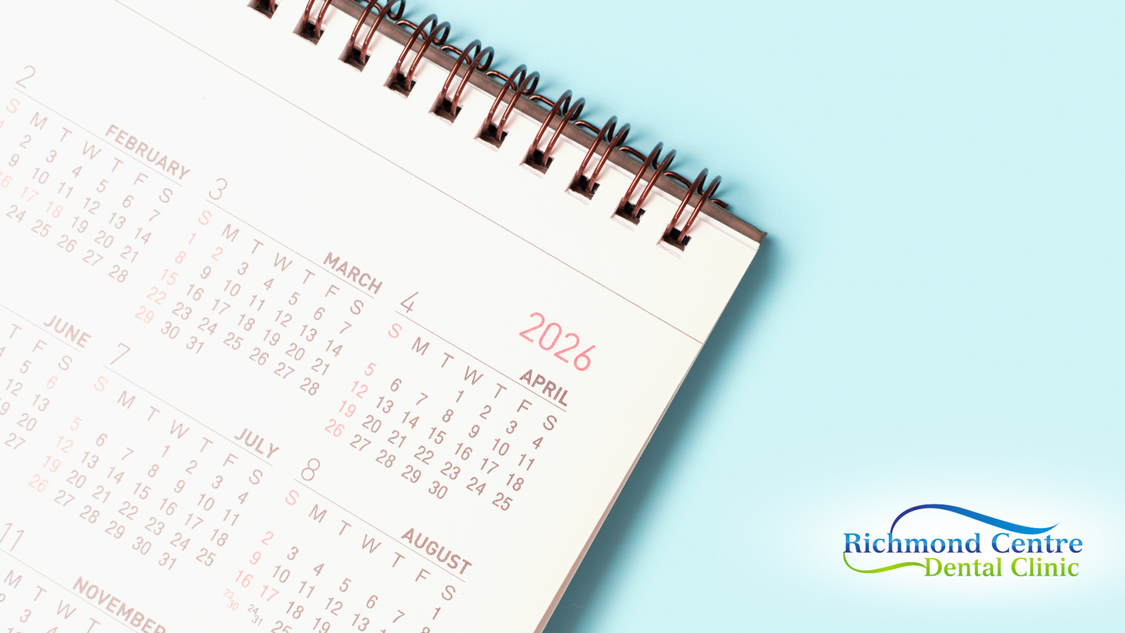 Calendar page open to 2026 on a blue background, with Richmond Centre Dental Clinic logo.